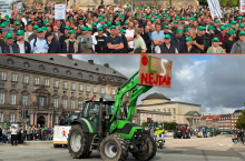 Duńscy rolnicy i kolumna ciągników podczas protestu przed parlamentem w Kopenhadze.