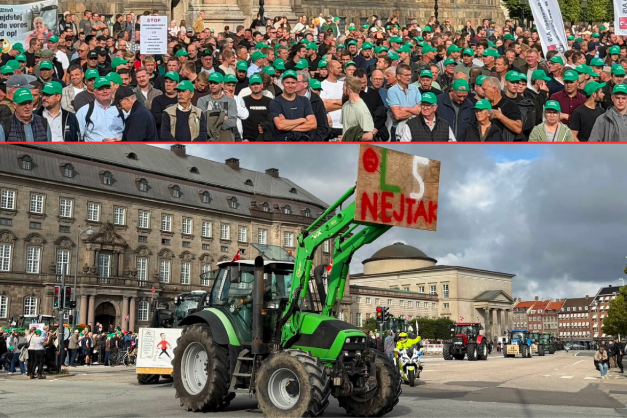 Duńscy rolnicy i kolumna ciągników podczas protestu przed parlamentem w Kopenhadze.