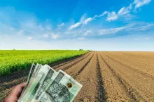 ziemia rolna, dłoń z polskimi banknotami 