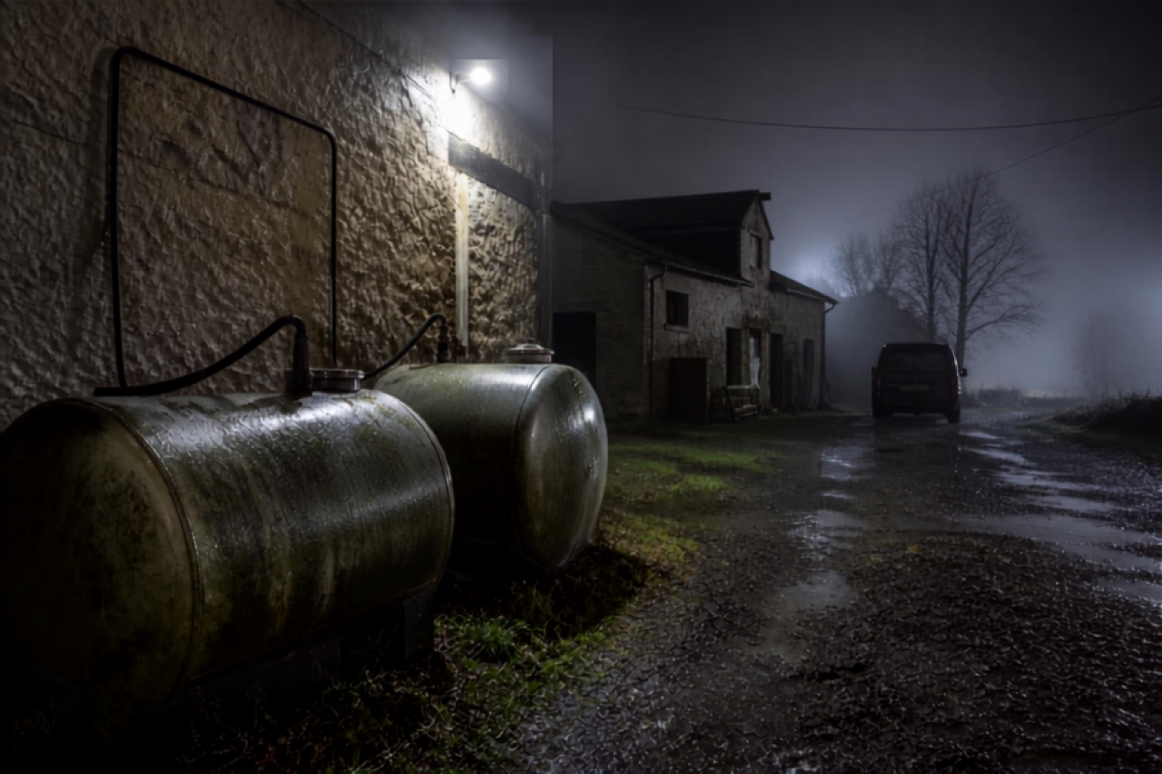 Nocne zdjęcie zbiorników paliwa w gospodarstwie, z widoczną w tle furgonetką