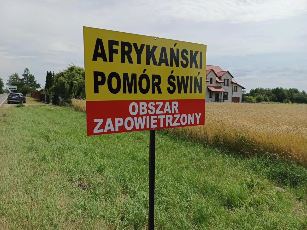 tablica informując o obszarze zagrożonym afrykańskim pomorem świń przed wjazdem do strefy