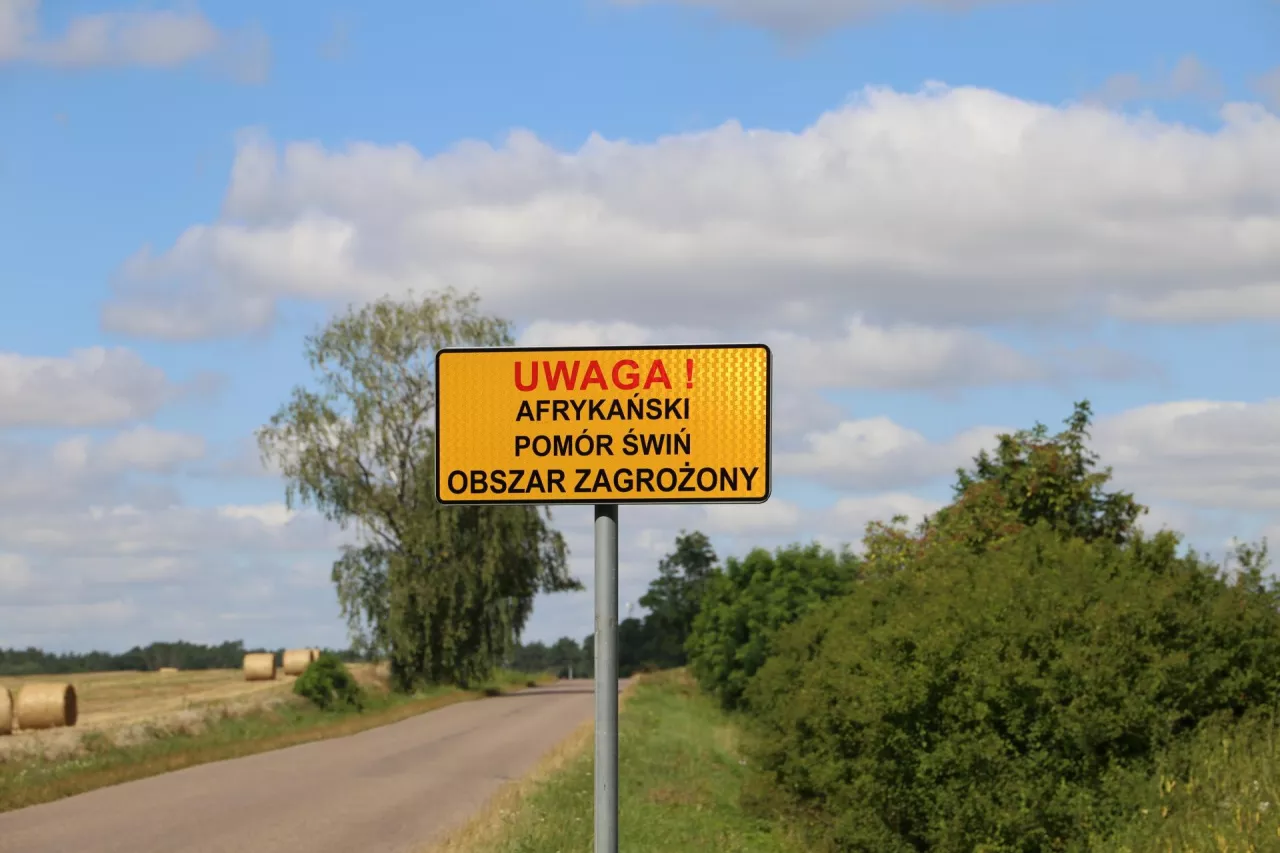 tablica informaująca o obszarze zagrożonym ASF 