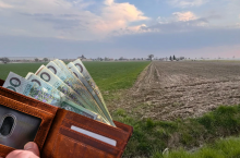 Portfel z banknotami na tle pól uprawnych