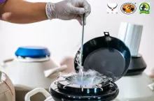 Close up hand of researcher testing in a laboratory. Modern technologies in agriculture management, agribusiness and research concept.