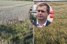 susza na polu, w kółku twarz Adriana Wawrzyniaka, rzecznika prasowego NSZZ Solidarność IR