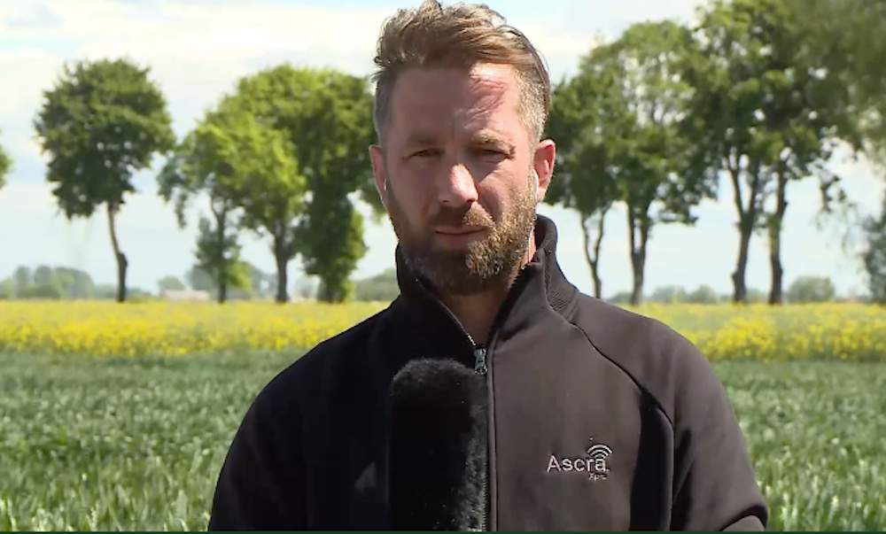 Wojciech Karaś z firmy Bayer prezentuje nowości w ochronie zbóż na poletkach w Pordenowie.