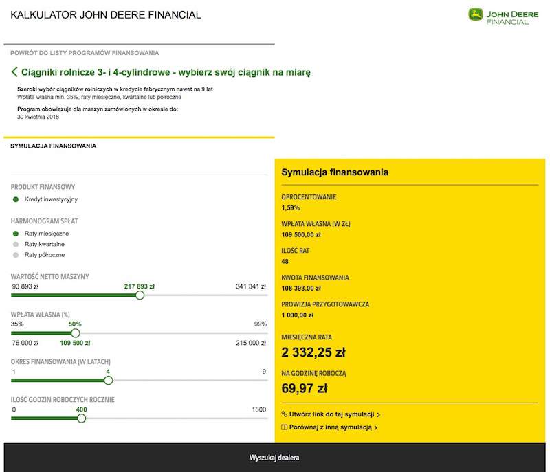 Promocja John Deere na zakup i finansowanie ciągników, prasy i ładowaczy czołowych.