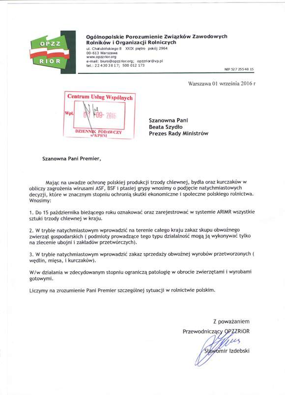 Ogólnopolskie Porozumienie Związków Zawodowych Rolników i Organizacji Rolniczych wystosowało pismo do premier Beaty Szydło. 