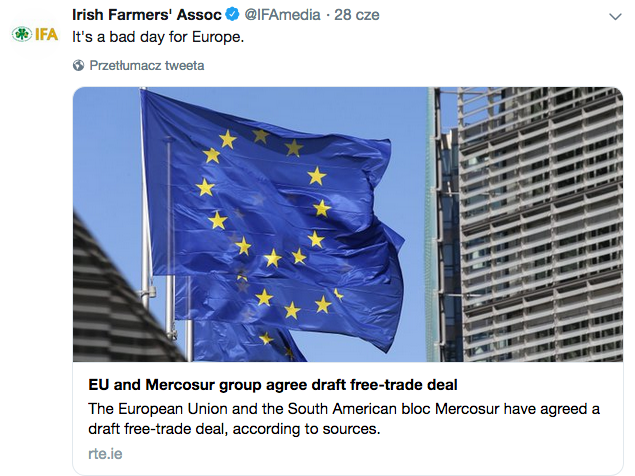 Wielu rolników i organizacji rolniczych protestowało przeciwko porozumieniu UE-Mercosur. Foto z Twittera.