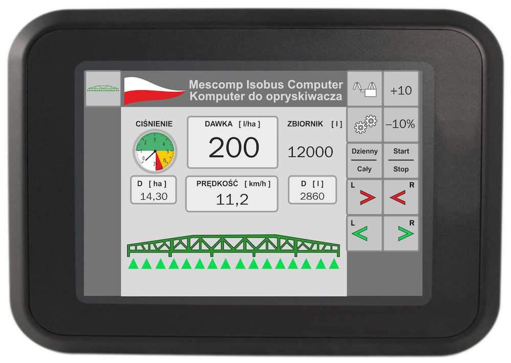Komputer Mescomp Spectra jest montowany na opryskiwaczu i  komunikuje się z monitorami ISOBUS za pomocą typowego 9-pinowego złącza.