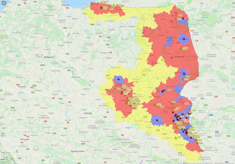 Mapa ognisk i przypadków ASF w Polsce oraz aktualny zasięg obszarów objętych restrykcjami (zgodnie z z decyzją wykonawczą Komisji (UE) nr 2018/910 z dnia 25 czerwca 2018 r.)