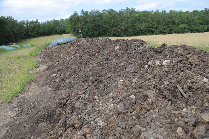 Dodatkowym dochodem jest kompost, przygotowywany przez wymieszanie produkowanego w cielętnikach obornika z obornikiem końskim i wapnem. Przefermentowany nawóz rolnik sprzedaje
