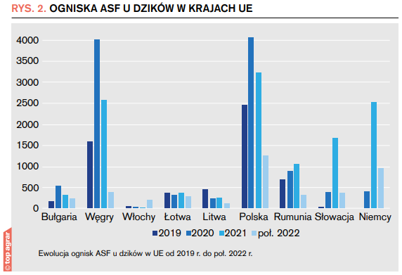 Rys. 2. Ogniska ASF u dzików w krajach UE