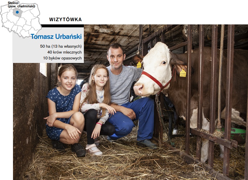 Rozwój stada ogranicza brak ziemi i stare budynki. Na zdjęciu Tomasz Urbański z córką Kingą i bratanicą Julką oraz najstarszą 12-letnią krową w stadzie.